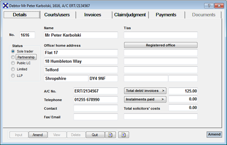 Debtor set up