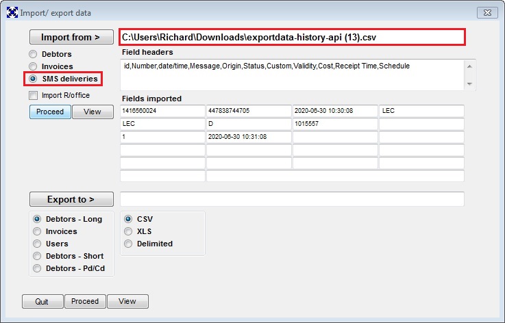 SMS Carrier returns import CSV