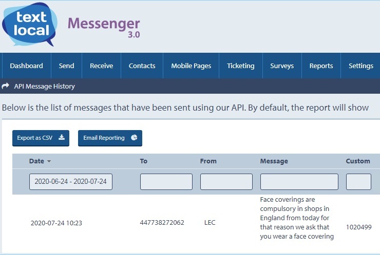 SMS TextLocal API history
