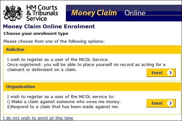 Money Claim Online enrolment