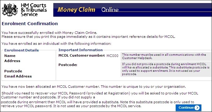 MCOL enrolment confirmation
