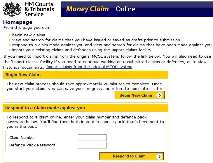 MCOL homepage new claims view respond input