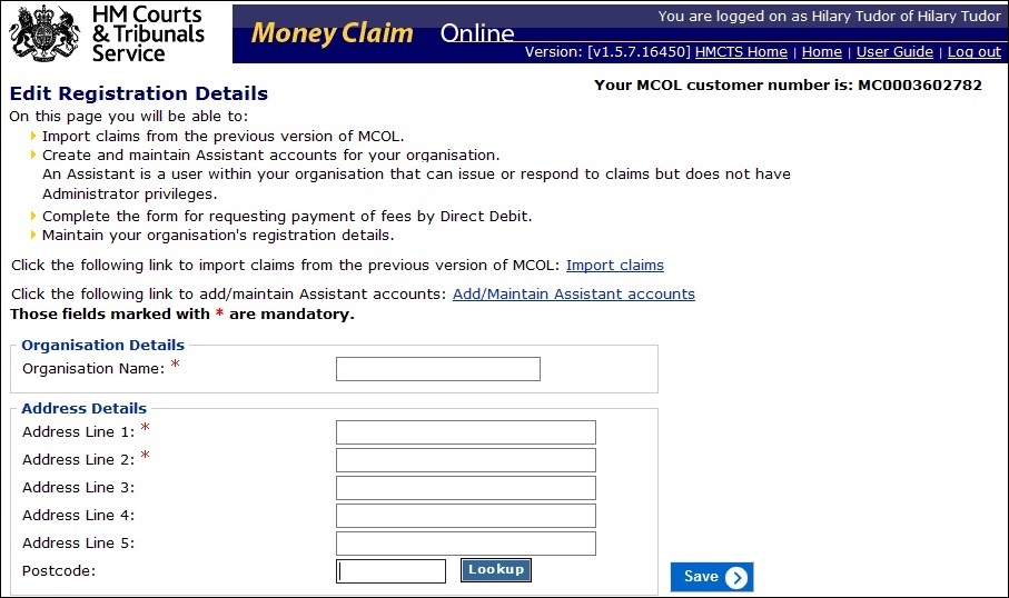 MCOL edit registration details