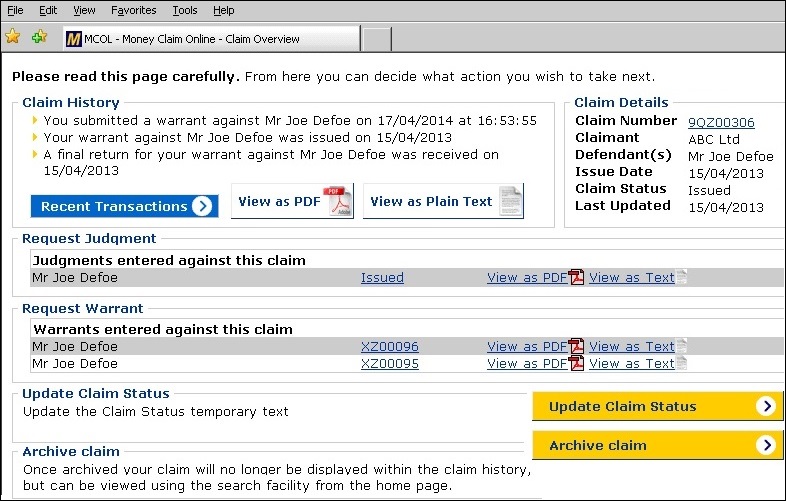 MCOL claim overview